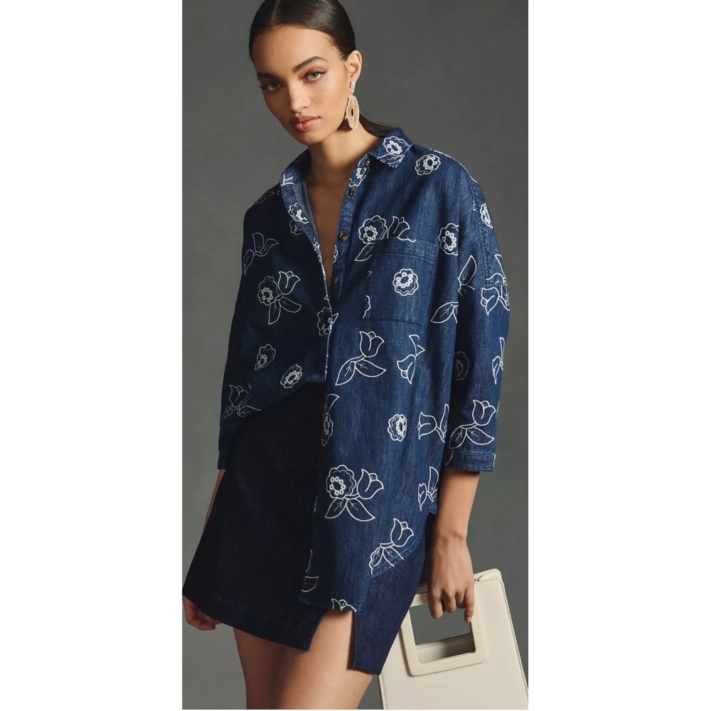 Maeve Anthropologie Denim Shirt M/L Blue Floral Cottagecore Boho Rustic Peasant - Picture 1 of 9